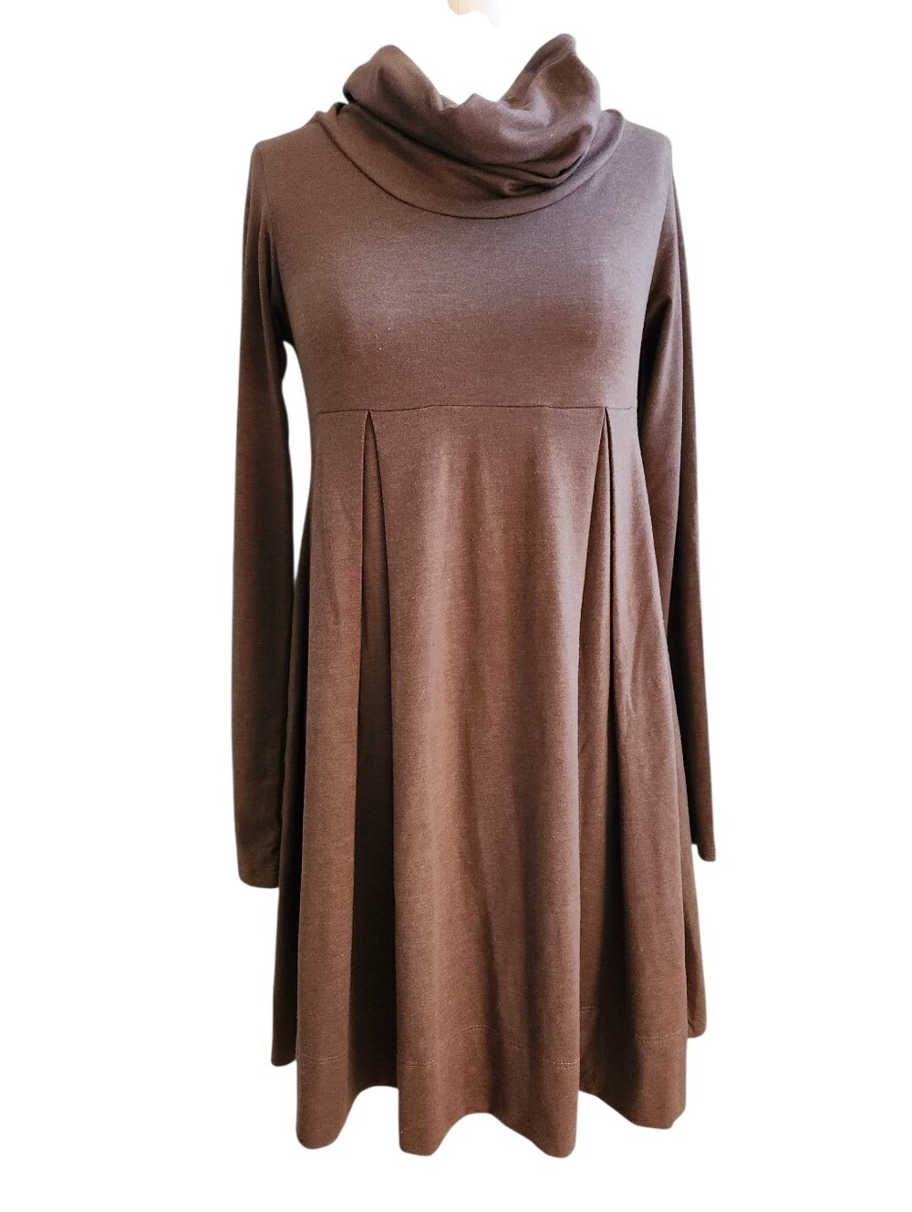 Vintage Havana Brown Long Sleeve Cowl Neck Empire Waist Knit Swing Dress Brown S